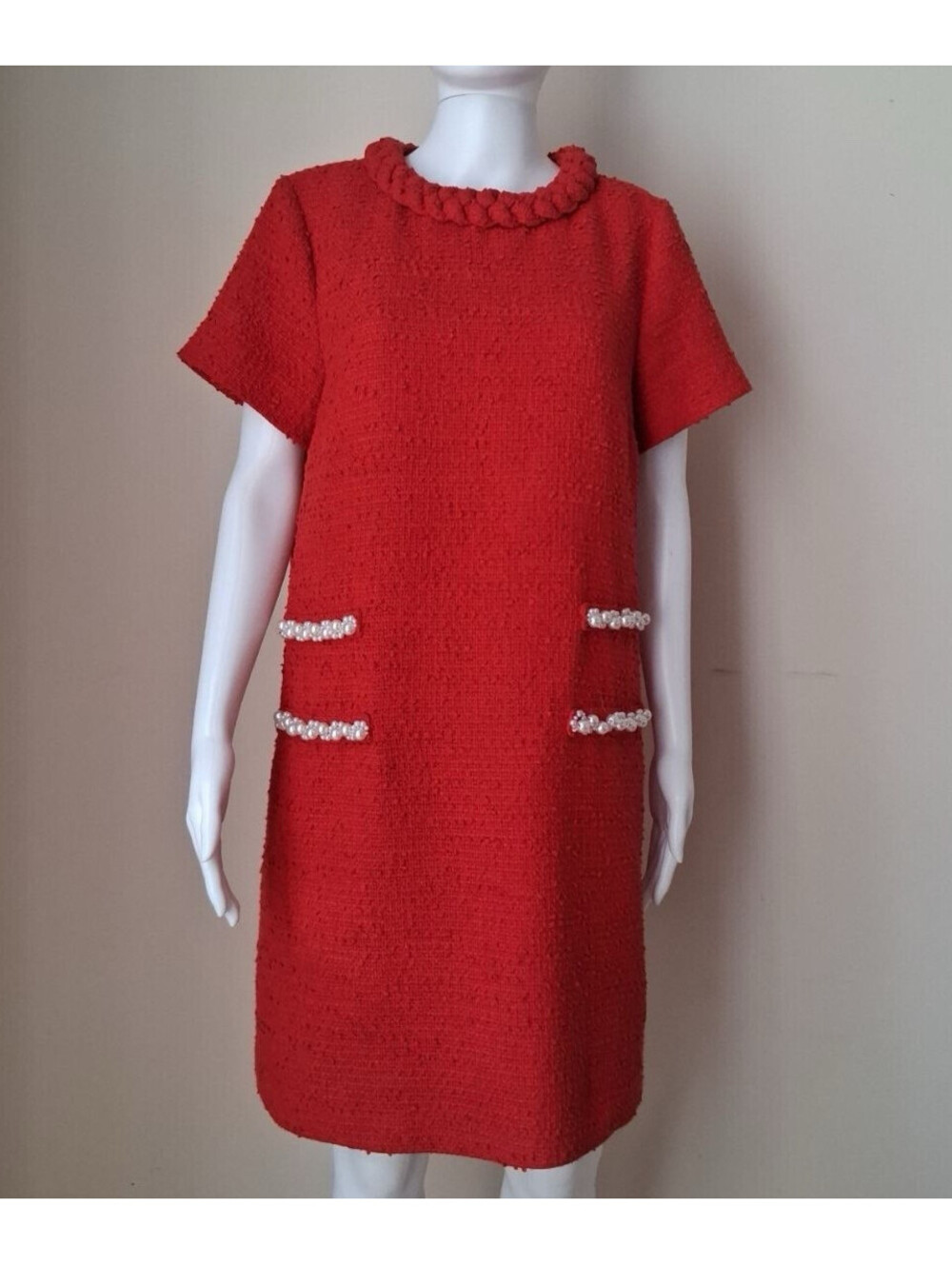 Tuckernuck Dress Womens L Jackie Red Tweed Shift Pearl Trim Short Sleeve